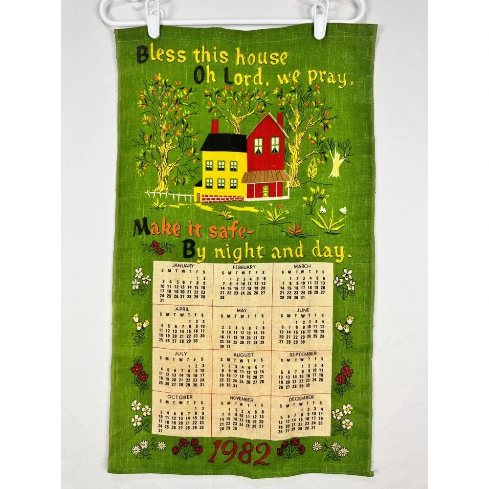 Vintage 1982 Linen Calendar‎ Kitchen Towel Bless This House Folk Art Green 16x27